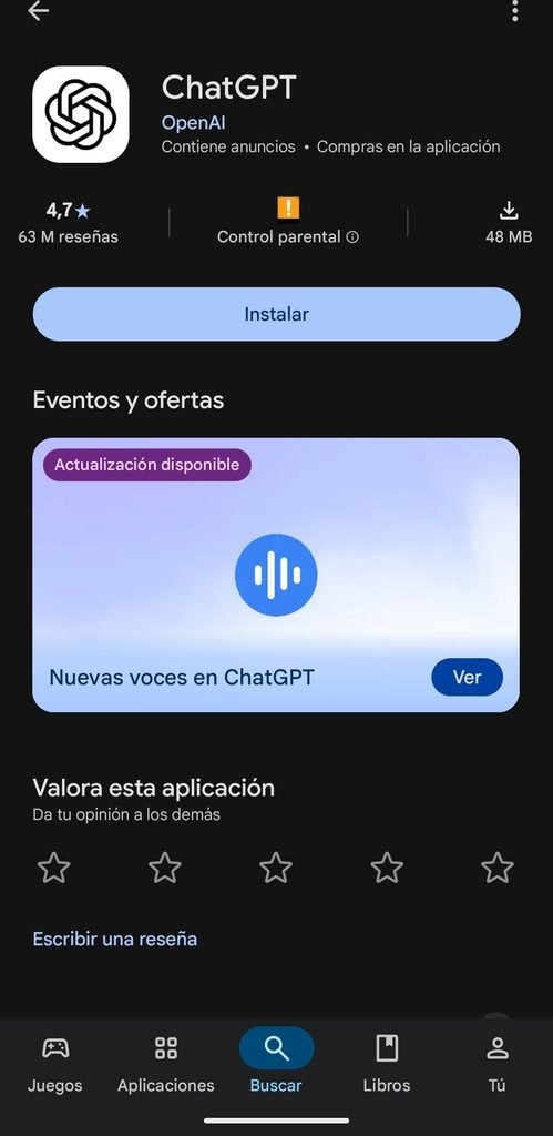 Ficha de la app oficial de ChatGPT en Google Play, con OpenAI como desarrollador y 63 millones de reseñas