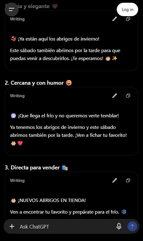 Captura de ChatGPT con tres versiones de una misma publicación de Instagram: seria, con humor y directa para vender