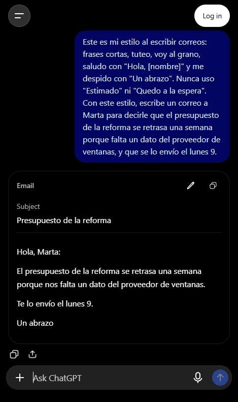 Captura de ChatGPT escribiendo un correo corto con un perfil de estilo: tuteo, frases cortas y despedida Un abrazo