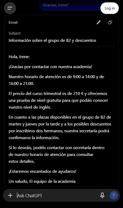 Captura de ChatGPT con un borrador de respuesta de una academia de inglés que deja plazas y descuentos para secretaría