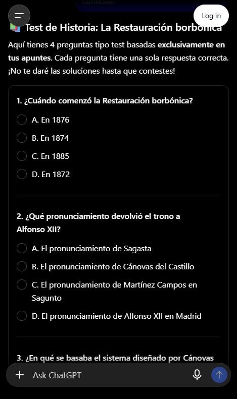 Captura de ChatGPT con un test de repaso de opción múltiple sobre la Restauración borbónica generado a partir de unos apuntes