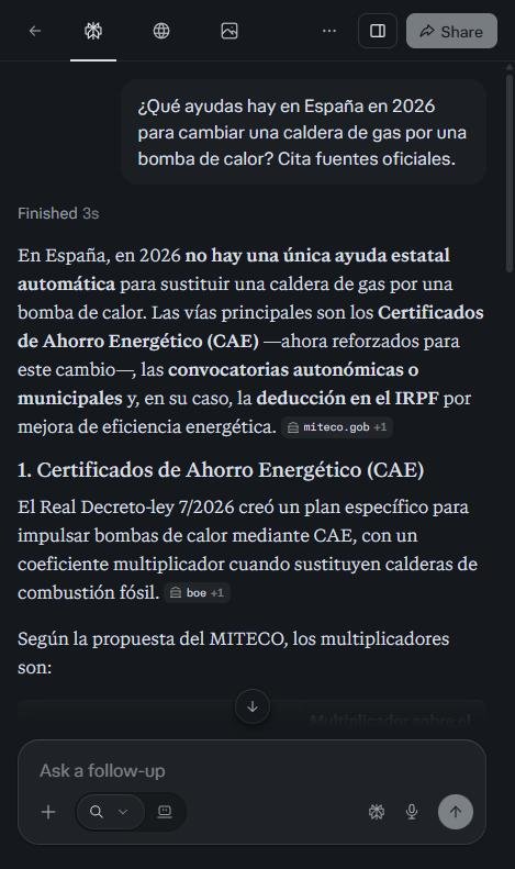 Captura de Perplexity respondiendo sobre ayudas para cambiar una caldera por una bomba de calor, con las fuentes junto a cada afirmación