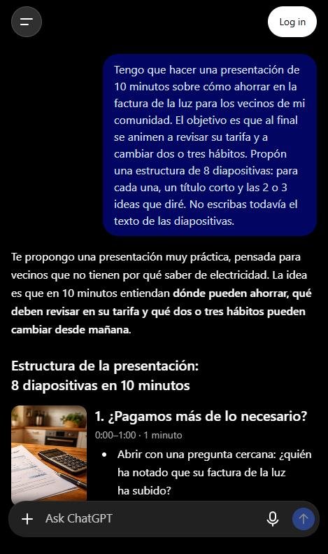 Captura de ChatGPT proponiendo el guion de una presentación de 8 diapositivas sobre cómo ahorrar en la factura de la luz