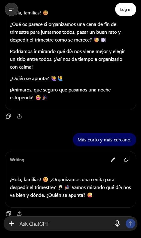 Captura de ChatGPT con un mensaje de WhatsApp largo y su versión corregida tras pedir más corto y más cercano