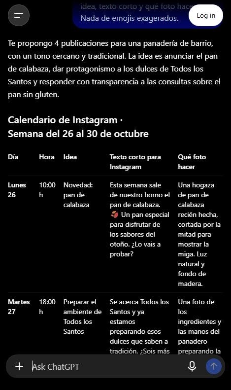 Captura de ChatGPT con un calendario semanal de publicaciones de Instagram para una panadería de barrio