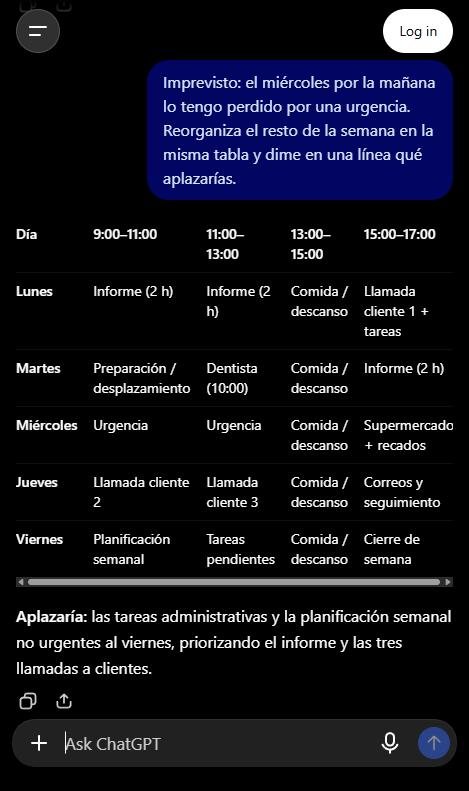 Captura de ChatGPT reorganizando un plan semanal en tabla después de perder la mañana del miércoles por una urgencia