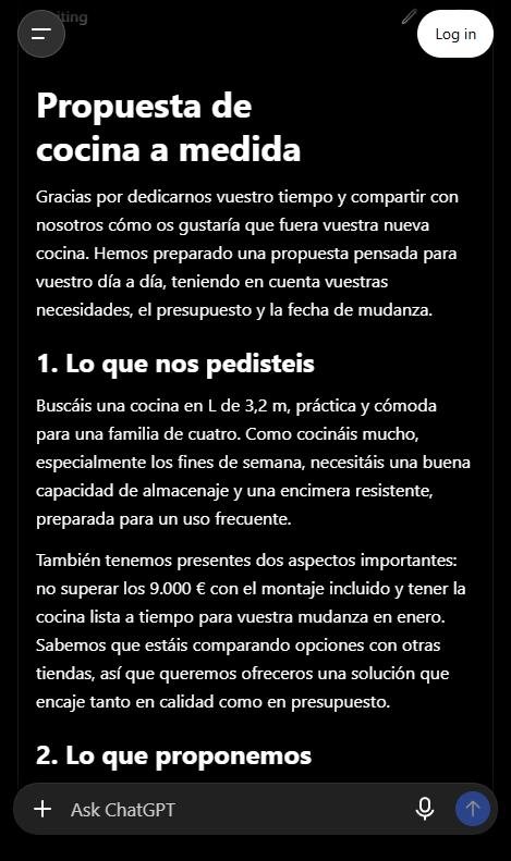 Captura de ChatGPT con una propuesta de una página para una cocina a medida, escrita a partir de las notas de una visita