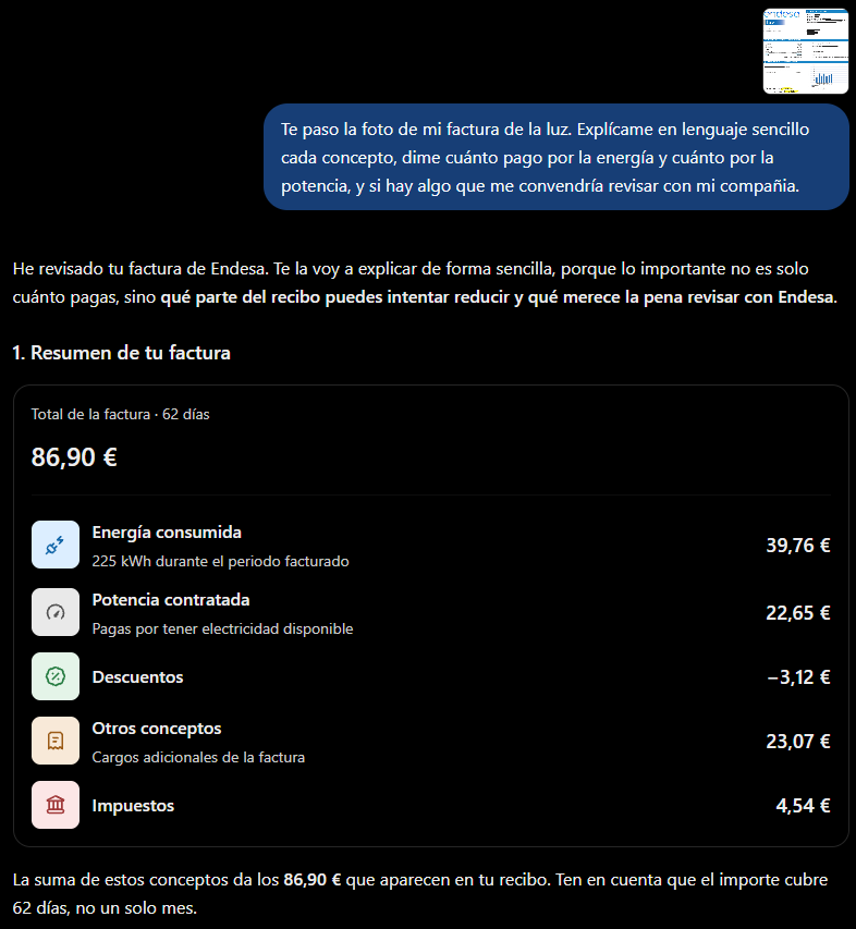 ChatGPT resume una factura de la luz a partir de una foto: energía, potencia, descuentos, otros conceptos e impuestos