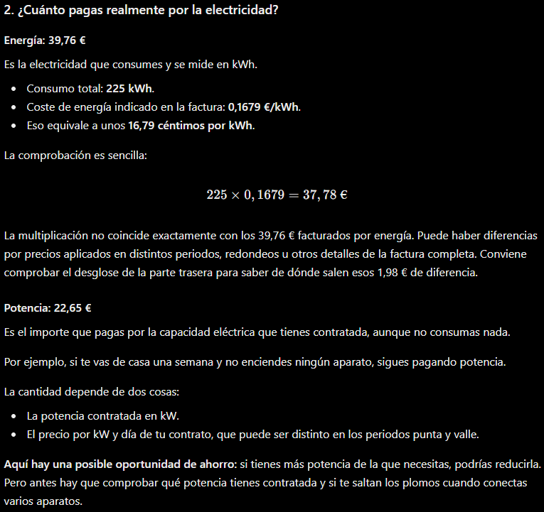 ChatGPT explica la energía y la potencia de la factura y avisa de que su cálculo no coincide con el importe facturado